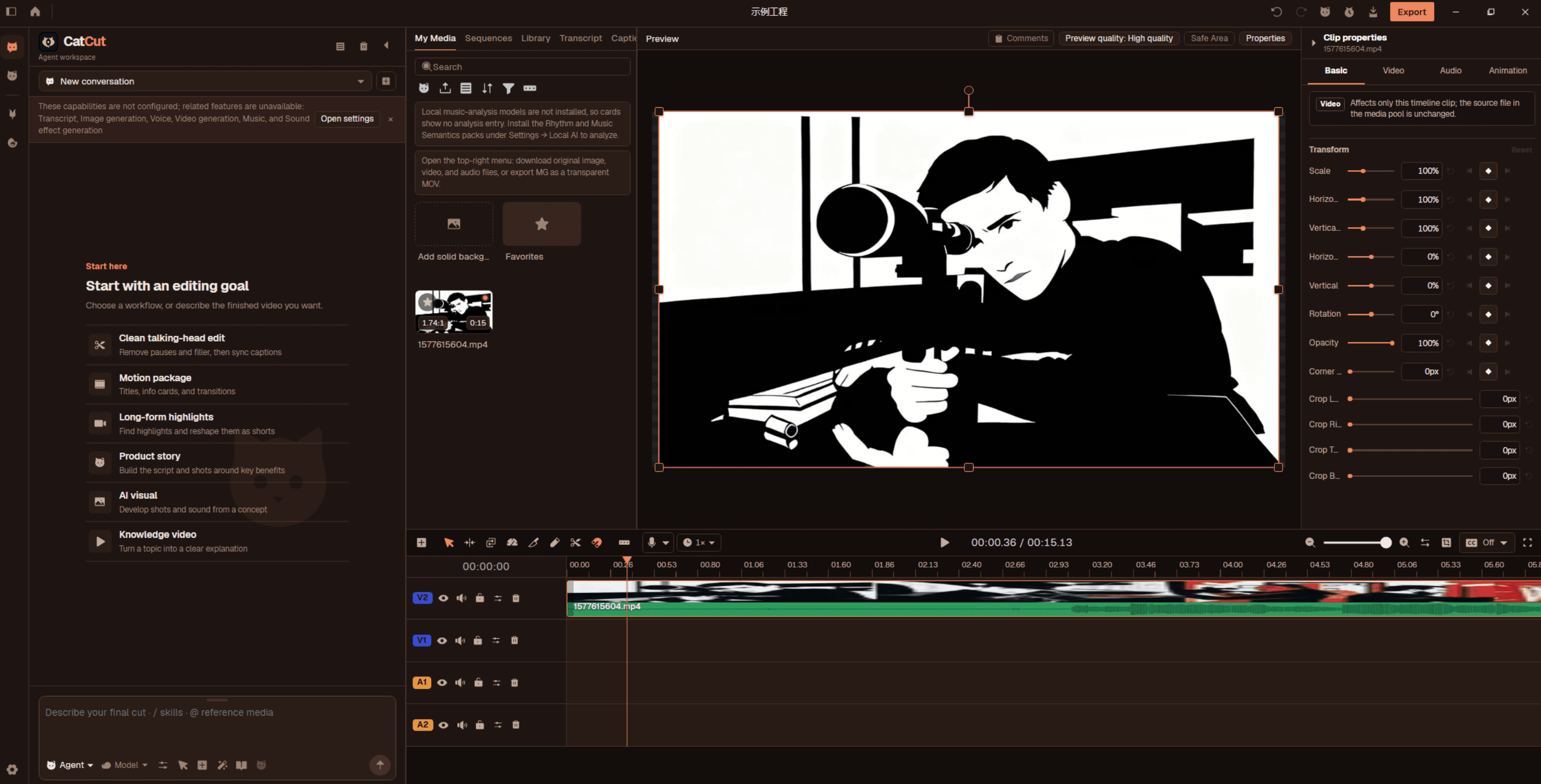 CatCut editor with an AI assistant, media library, video preview, clip properties, and a multitrack timeline