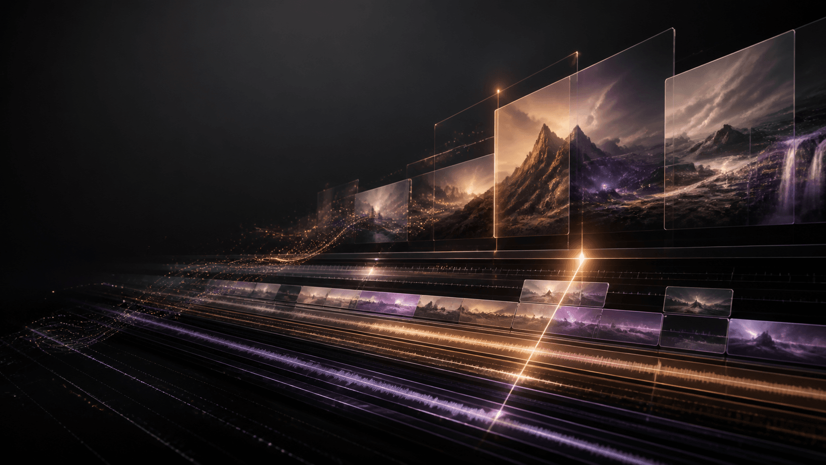 An AI video editing space made of cinematic imagery and a timeline